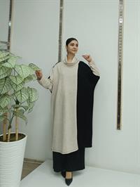 Degaje Yaka Yarasa Kol Yün Tunik  Siyah Krem