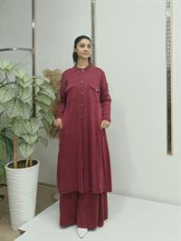 düğmeli cepli uzun hırka bordo