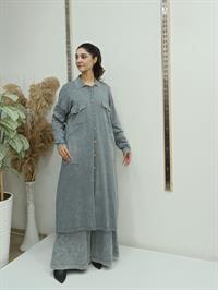 düğmeli cepli uzun hırka gri