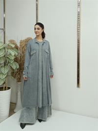 düğmeli cepli uzun hırka gri