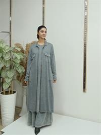 düğmeli cepli uzun hırka gri