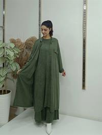 düğmeli cepli uzun hırka hakiyeşil