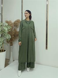 düğmeli cepli uzun hırka hakiyeşil