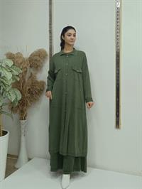 düğmeli cepli uzun hırka hakiyeşil