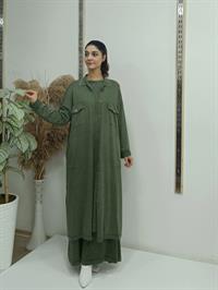 düğmeli cepli uzun hırka hakiyeşil