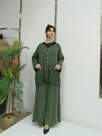 düğmeli dantelli  kısa hırka Haki