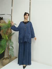 düğmeli dantelli  kısa hırka Lacivert