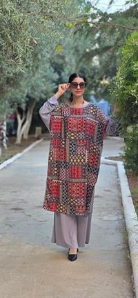 etnik penye yarasa kol salaş tunik açık gri