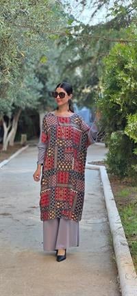 etnik penye yarasa kol salaş tunik açık gri