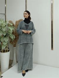 file kanguru cepli bluz kısa panço gri