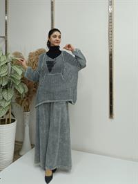 file kanguru cepli bluz kısa panço gri