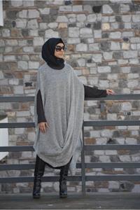 Kadın Bisiklet Yaka Asimetrik Kesim Yarasa Kol Panço