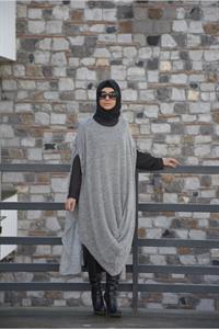 Kadın Bisiklet Yaka Asimetrik Kesim Yarasa Kol Panço