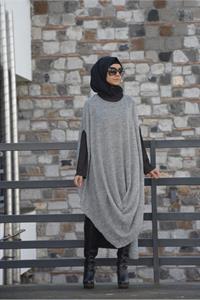 Kadın Bisiklet Yaka Asimetrik Kesim Yarasa Kol Panço