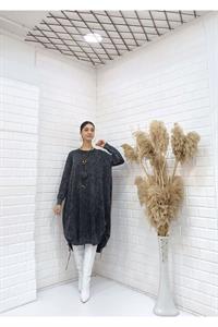 Kadın Bisiklet Yaka Etekleri İp Detaylı Yanları Yırtmaçlı Tunik