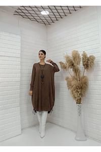 Kadın Bisiklet Yaka Etekleri İp Detaylı Yanları Yırtmaçlı Tunik