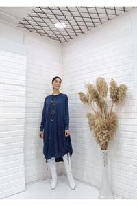 Kadın Bisiklet Yaka Etekleri İp Detaylı Yanları Yırtmaçlı Tunik