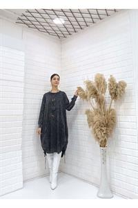 Kadın Bisiklet Yaka Etekleri İp Detaylı Yanları Yırtmaçlı Tunik