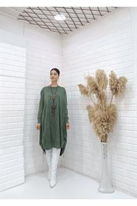 Kadın Bisiklet Yaka Etekleri İp Detaylı Yanları Yırtmaçlı Tunik