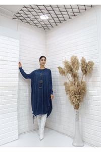 Kadın Bisiklet Yaka Etekleri İp Detaylı Yanları Yırtmaçlı Tunik