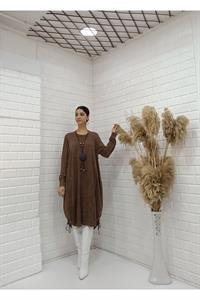 Kadın Bisiklet Yaka Etekleri İp Detaylı Yanları Yırtmaçlı Tunik