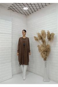 Kadın Bisiklet Yaka Etekleri İp Detaylı Yanları Yırtmaçlı Tunik