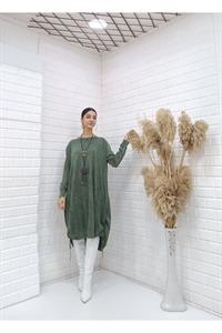 Kadın Bisiklet Yaka Etekleri İp Detaylı Yanları Yırtmaçlı Tunik