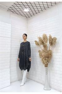 Kadın Bisiklet Yaka Etekleri İp Detaylı Yanları Yırtmaçlı Tunik