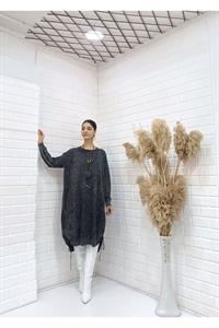 Kadın Bisiklet Yaka Etekleri İp Detaylı Yanları Yırtmaçlı Tunik