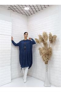 Kadın Bisiklet Yaka Etekleri İp Detaylı Yanları Yırtmaçlı Tunik