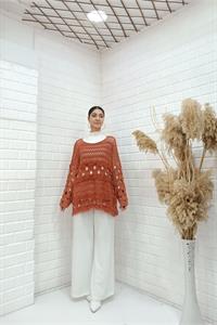 Kadın Bisiklet Yaka Etekleri Püskül Detaylı Delikli Bluz