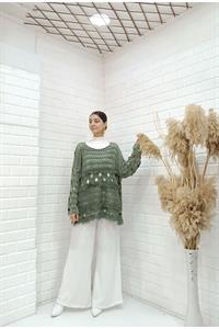 Kadın Bisiklet Yaka Etekleri Püskül Detaylı Delikli Bluz