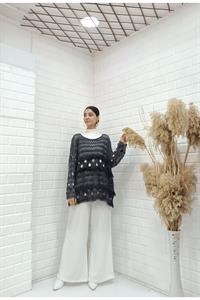 Kadın Bisiklet Yaka Etekleri Püskül Detaylı Delikli Bluz