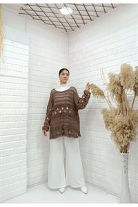 Kadın Bisiklet Yaka Etekleri Püskül Detaylı Delikli Bluz