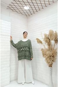 Kadın Bisiklet Yaka Etekleri Püskül Detaylı Delikli Bluz