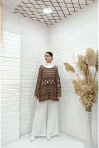 Kadın Bisiklet Yaka Etekleri Püskül Detaylı Delikli Bluz