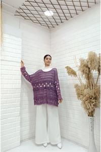 Kadın Bisiklet Yaka Etekleri Püskül Detaylı Delikli Bluz