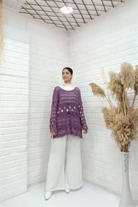 Kadın Bisiklet Yaka Etekleri Püskül Detaylı Delikli Bluz