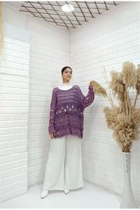 Kadın Bisiklet Yaka Etekleri Püskül Detaylı Delikli Bluz