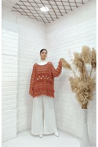 Kadın Bisiklet Yaka Etekleri Püskül Detaylı Delikli Bluz