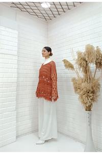 Kadın Bisiklet Yaka Etekleri Püskül Detaylı Delikli Bluz