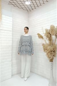 Kadın Bisiklet Yaka Etekleri Püskül Detaylı Delikli Bluz