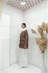 Kadın Bisiklet Yaka Etekleri Püskül Detaylı Delikli Bluz