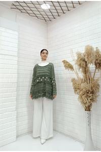 Kadın Bisiklet Yaka Etekleri Püskül Detaylı Delikli Bluz