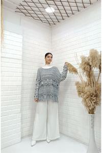 Kadın Bisiklet Yaka Etekleri Püskül Detaylı Delikli Bluz