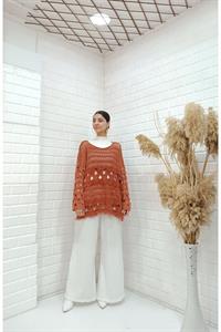 Kadın Bisiklet Yaka Etekleri Püskül Detaylı Delikli Bluz