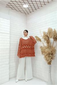 Kadın Bisiklet Yaka Etekleri Püskül Detaylı Delikli Bluz