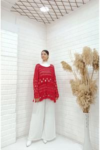 Kadın Bisiklet Yaka Etekleri Püskül Detaylı Delikli Bluz