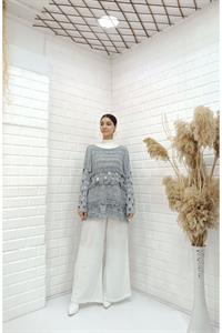 Kadın Bisiklet Yaka Etekleri Püskül Detaylı Delikli Bluz