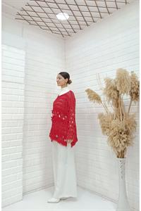 Kadın Bisiklet Yaka Etekleri Püskül Detaylı Delikli Bluz